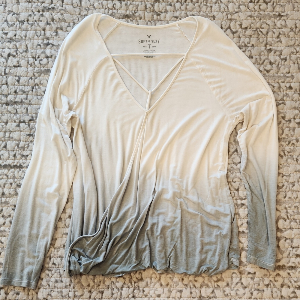 American Eagle Outfitters Cream and Gray Ombre Bubble Hem Blouse